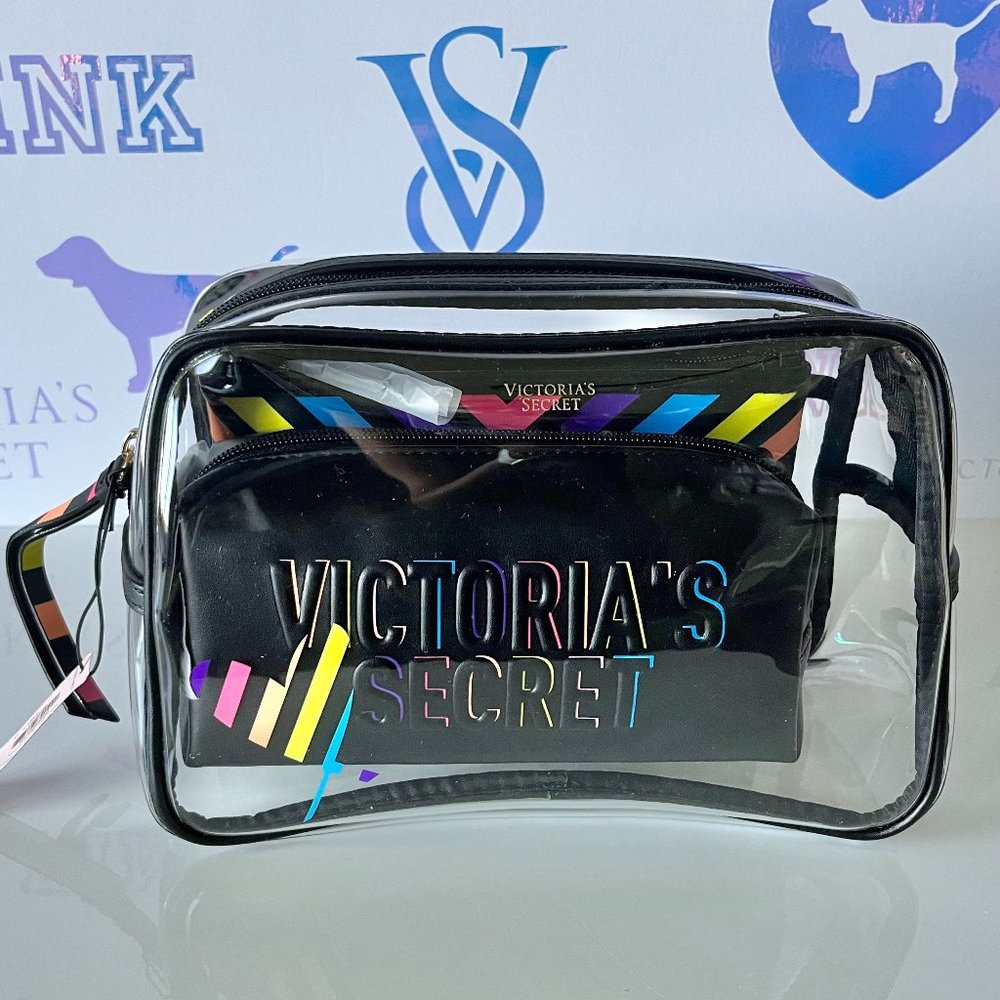 Victoria's Secret Rainbow Backstage 3 Piece Cosmetic/Makeup Cosmetic Bag Chevron
